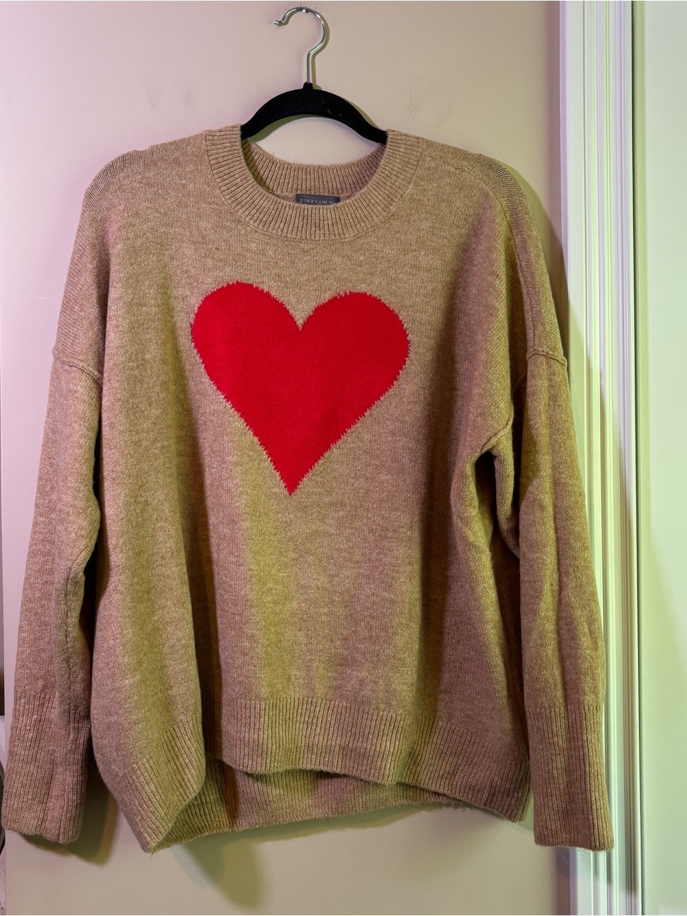 Tan Sweater with Red Heart Graphic